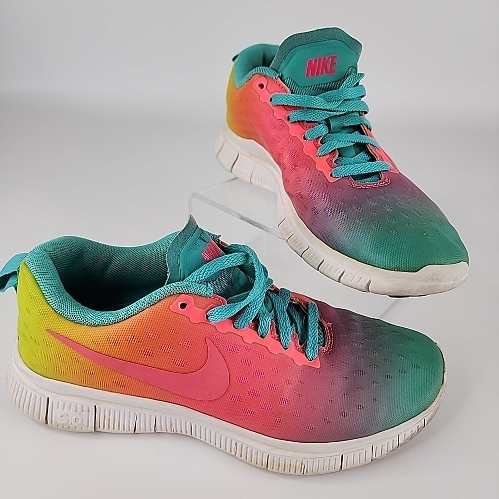 Nike‎ Girls Free Express 5.0 Pink Teal Running Shoes Sneakers Size 6 1866-300